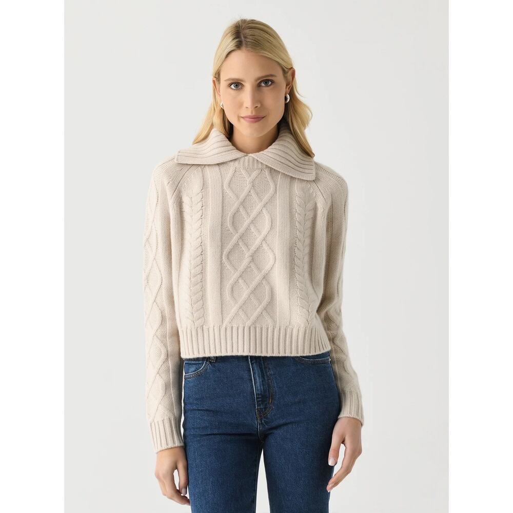White + Warren Cashmere Luxe Cable Collar Crewneck Size M Cream Knit Sailor